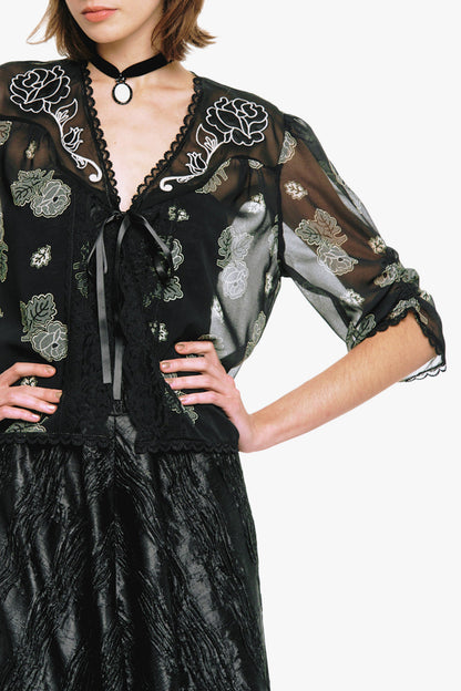 Anna Sui Lily and Roses Chiffon Combo Embroidered Bed Jacket