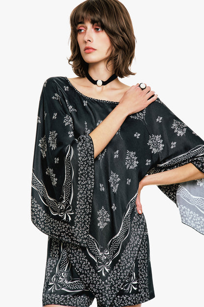 Anna Sui Ribbon Handkerchief Satin Print Poncho