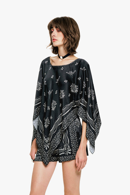 Anna Sui Ribbon Handkerchief Satin Print Poncho