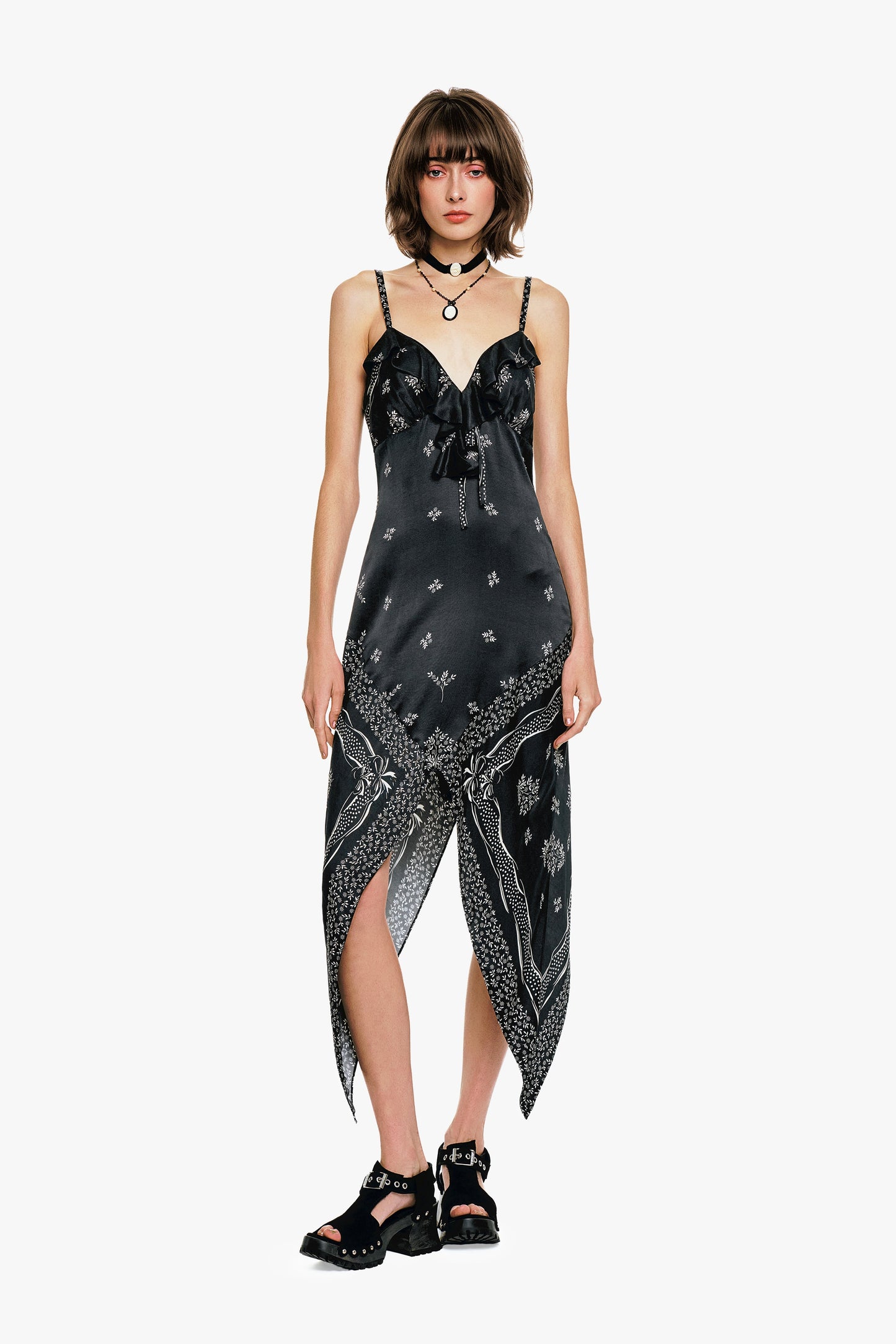 Anna Sui Ribbon Handkerchief Satin Print Dress