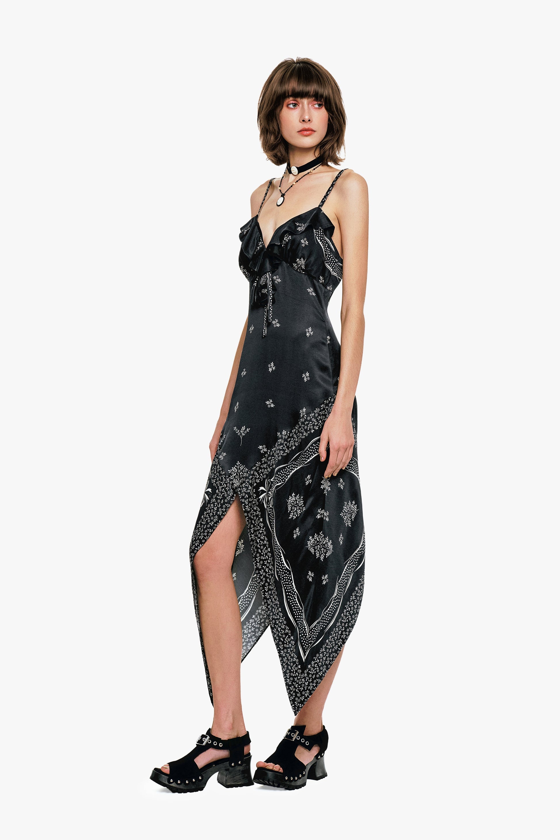 Anna Sui Ribbon Handkerchief Satin Print Dress