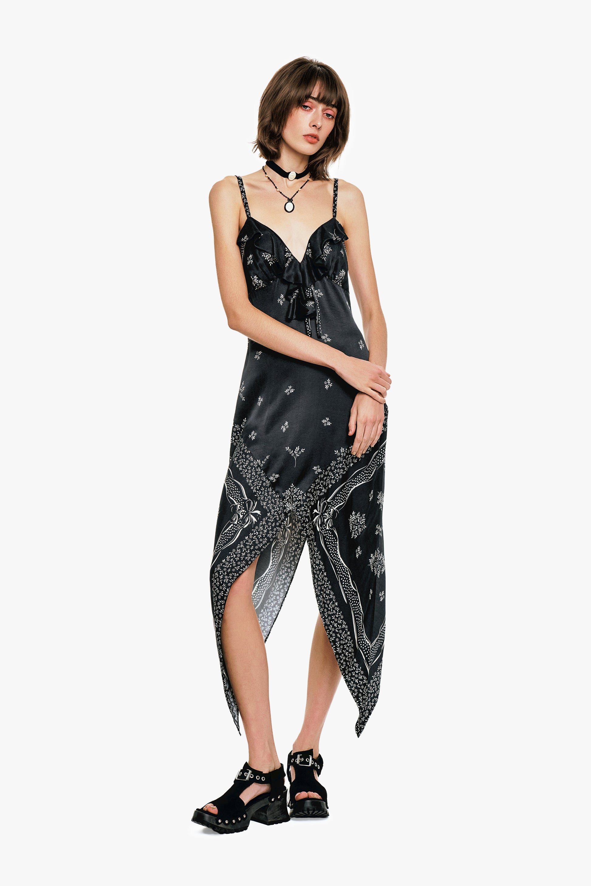 Anna Sui Ribbon Handkerchief Satin Print Dress