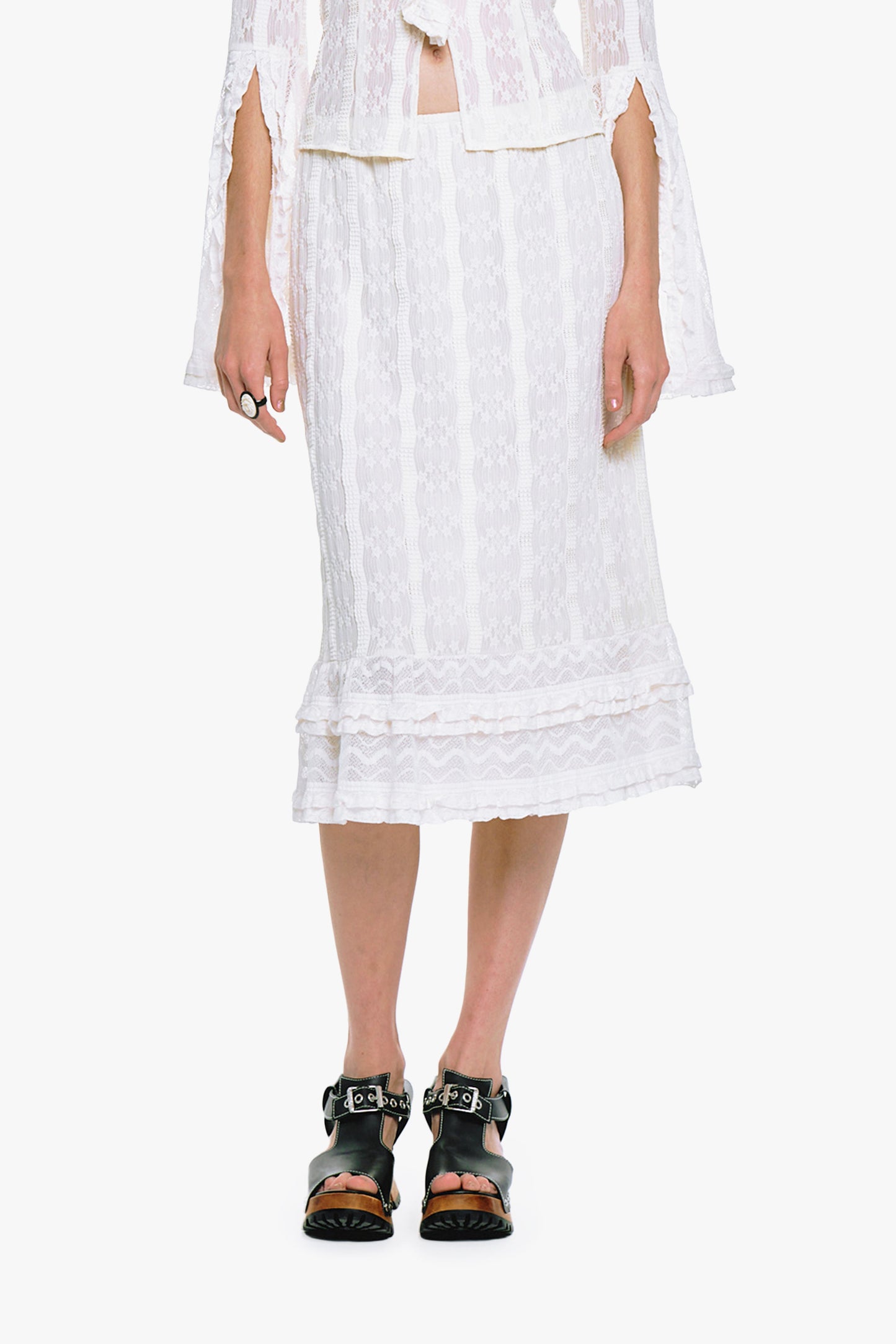 Anna Sui Floral Ruffle Stretch Lace Skirt