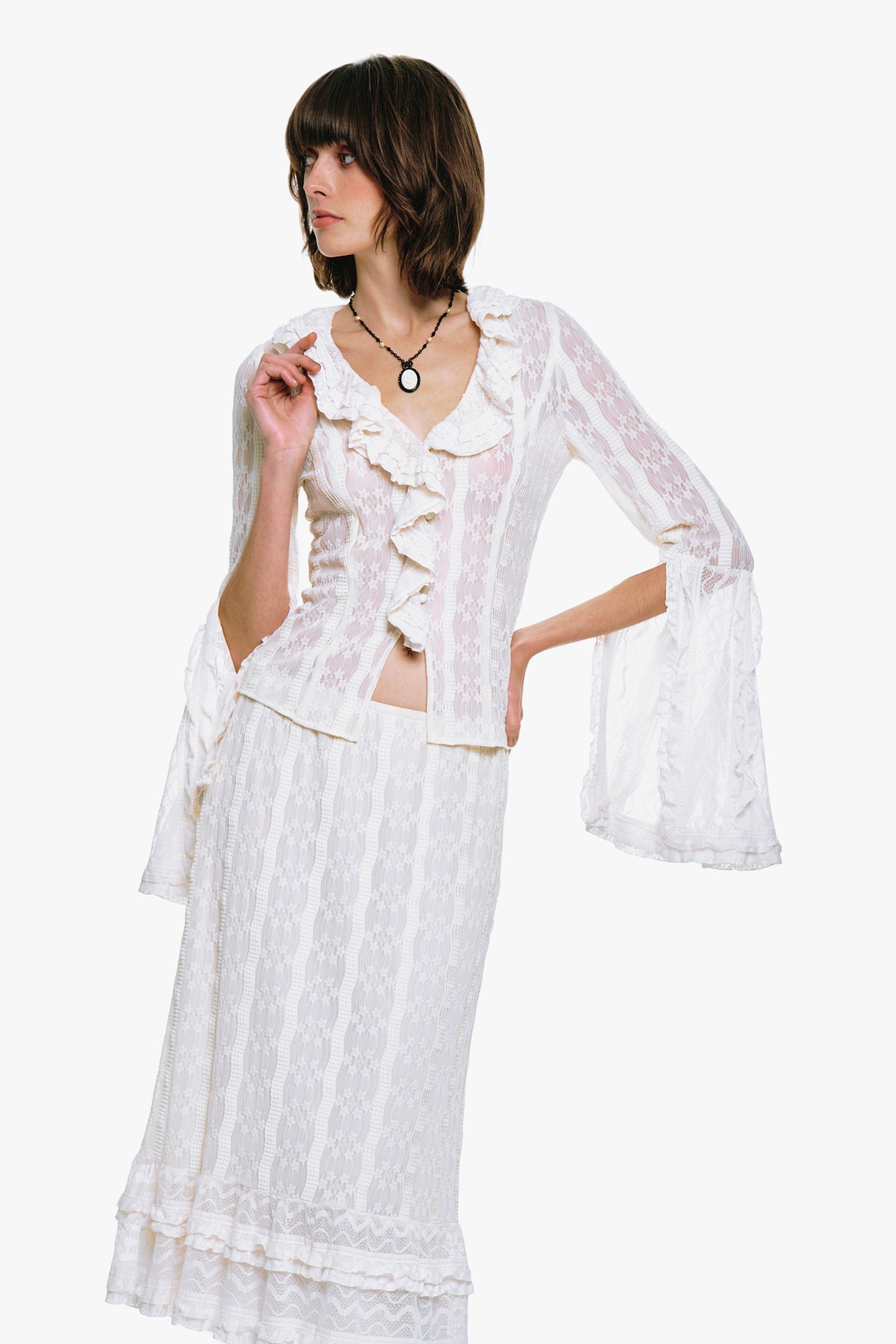 Anna Sui Floral Ruffle Stretch Lace Skirt