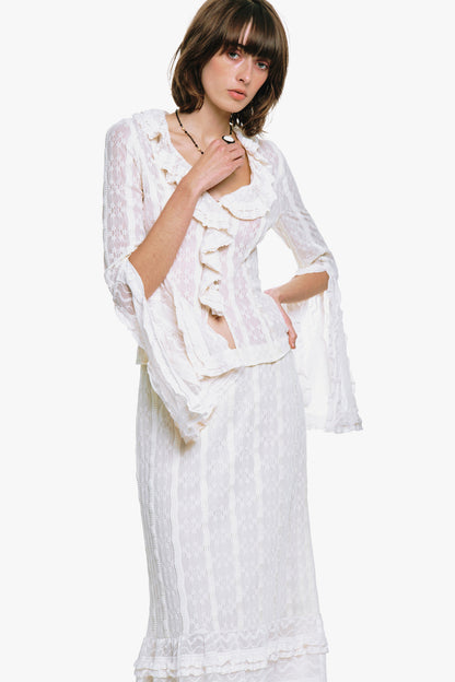 Anna Sui Floral Ruffle Stretch Lace Skirt