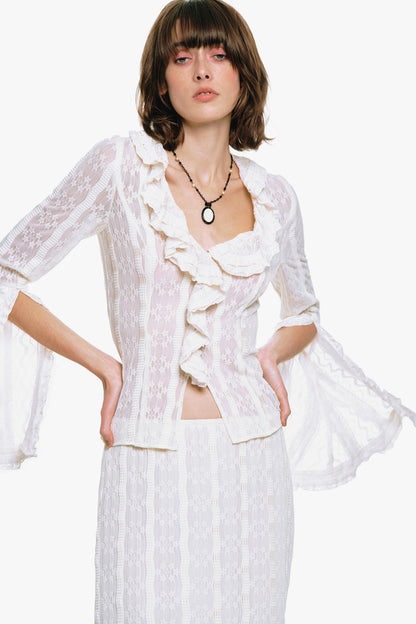 Anna Sui Floral Ruffle Stretch Lace Blouse