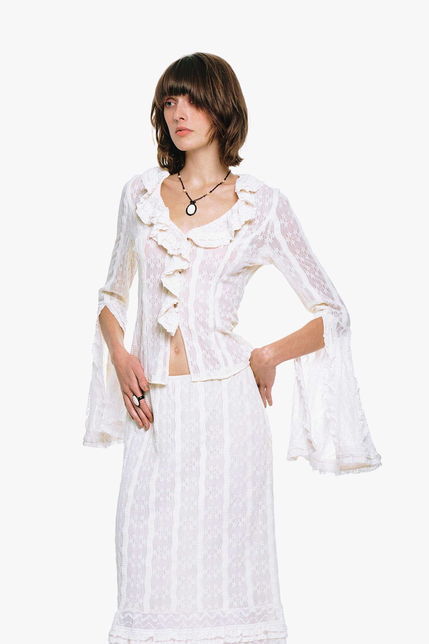 Anna Sui Floral Ruffle Stretch Lace Blouse