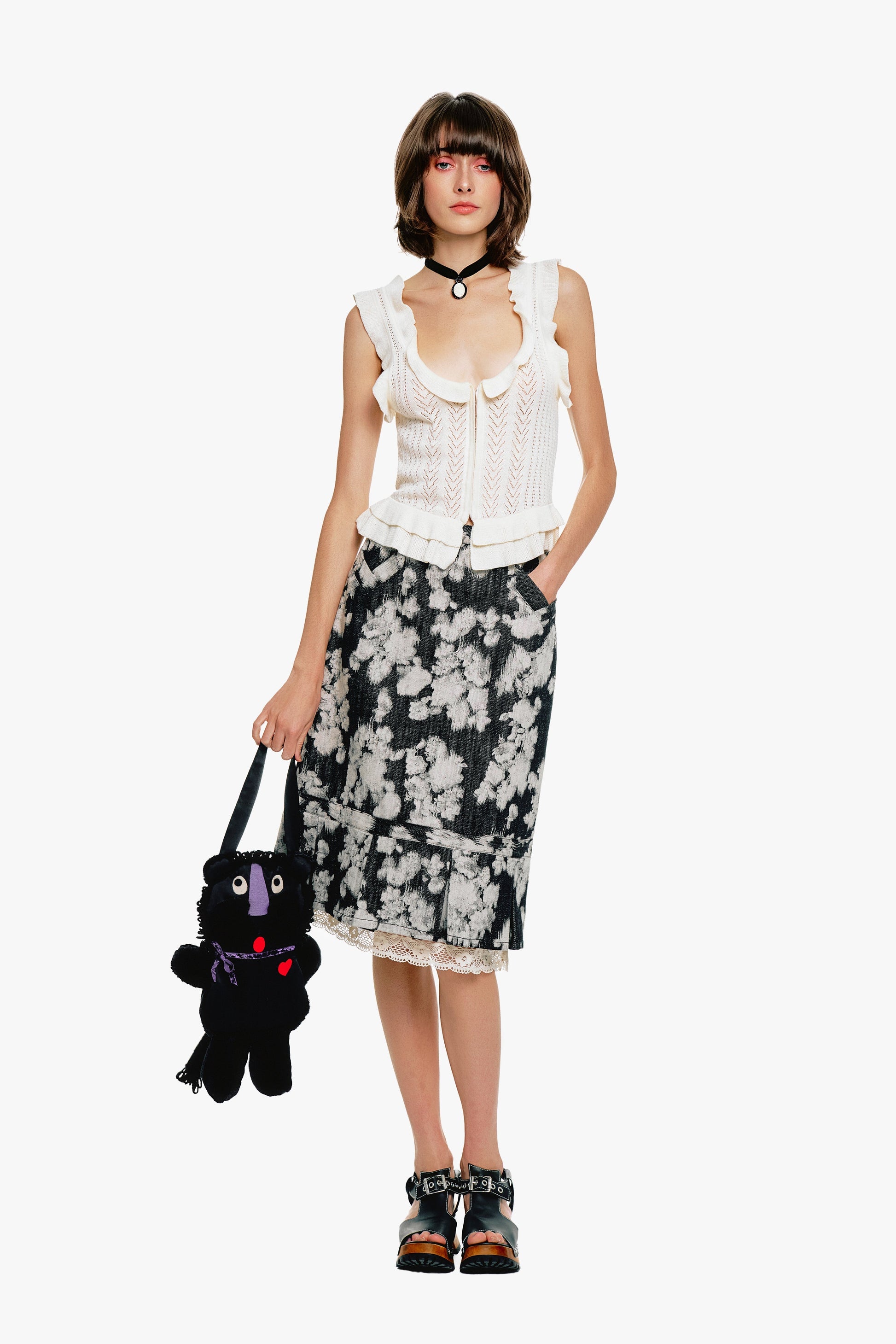 Anna Sui Rose Illusion Denim Lace Trimmed Skirt