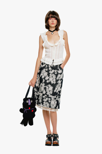 Anna Sui Rose Illusion Denim Lace Trimmed Skirt