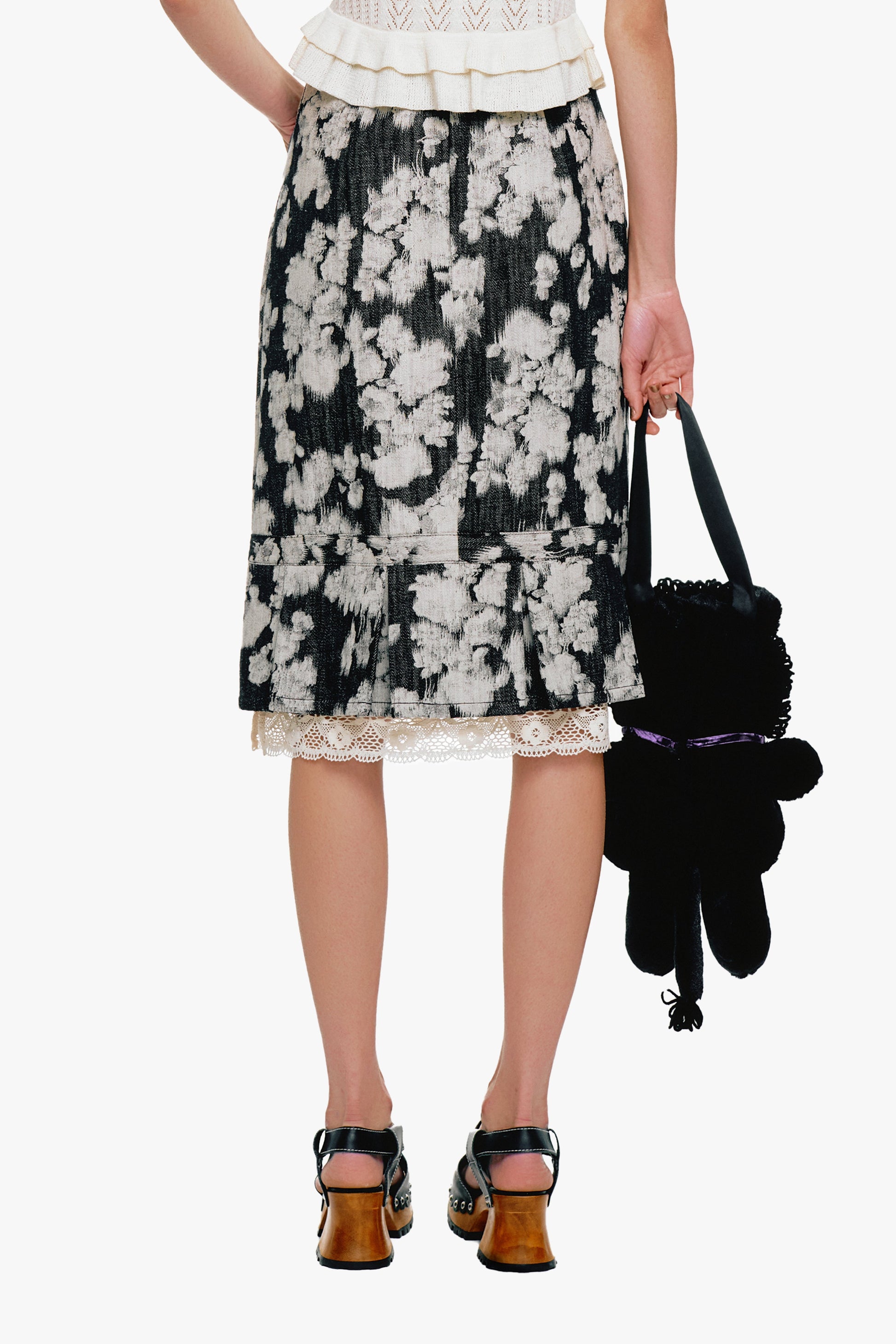 Anna Sui Rose Illusion Denim Lace Trimmed Skirt