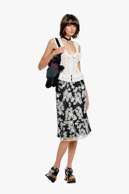 Anna Sui Rose Illusion Denim Lace Trimmed Skirt