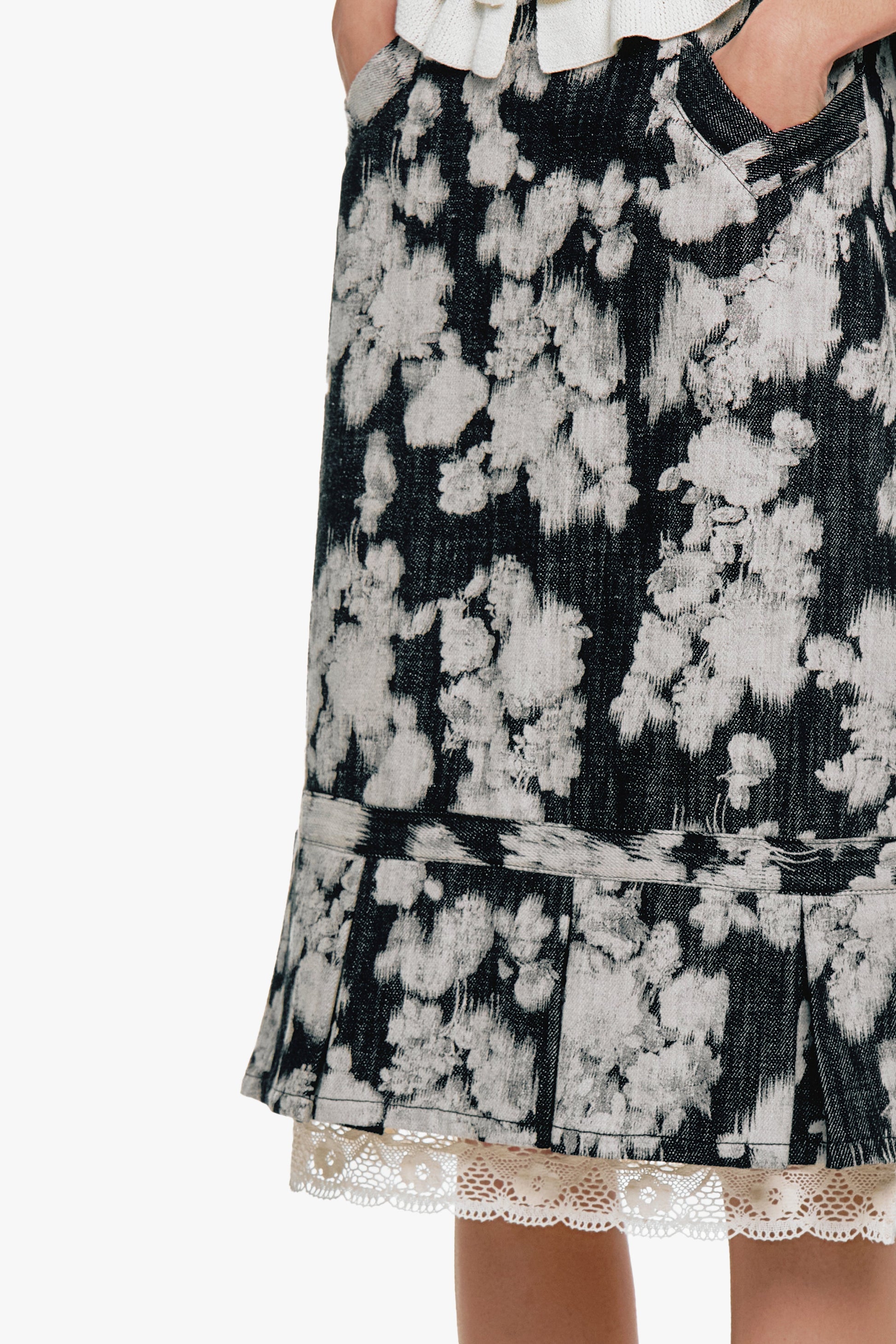 Anna Sui Rose Illusion Denim Lace Trimmed Skirt