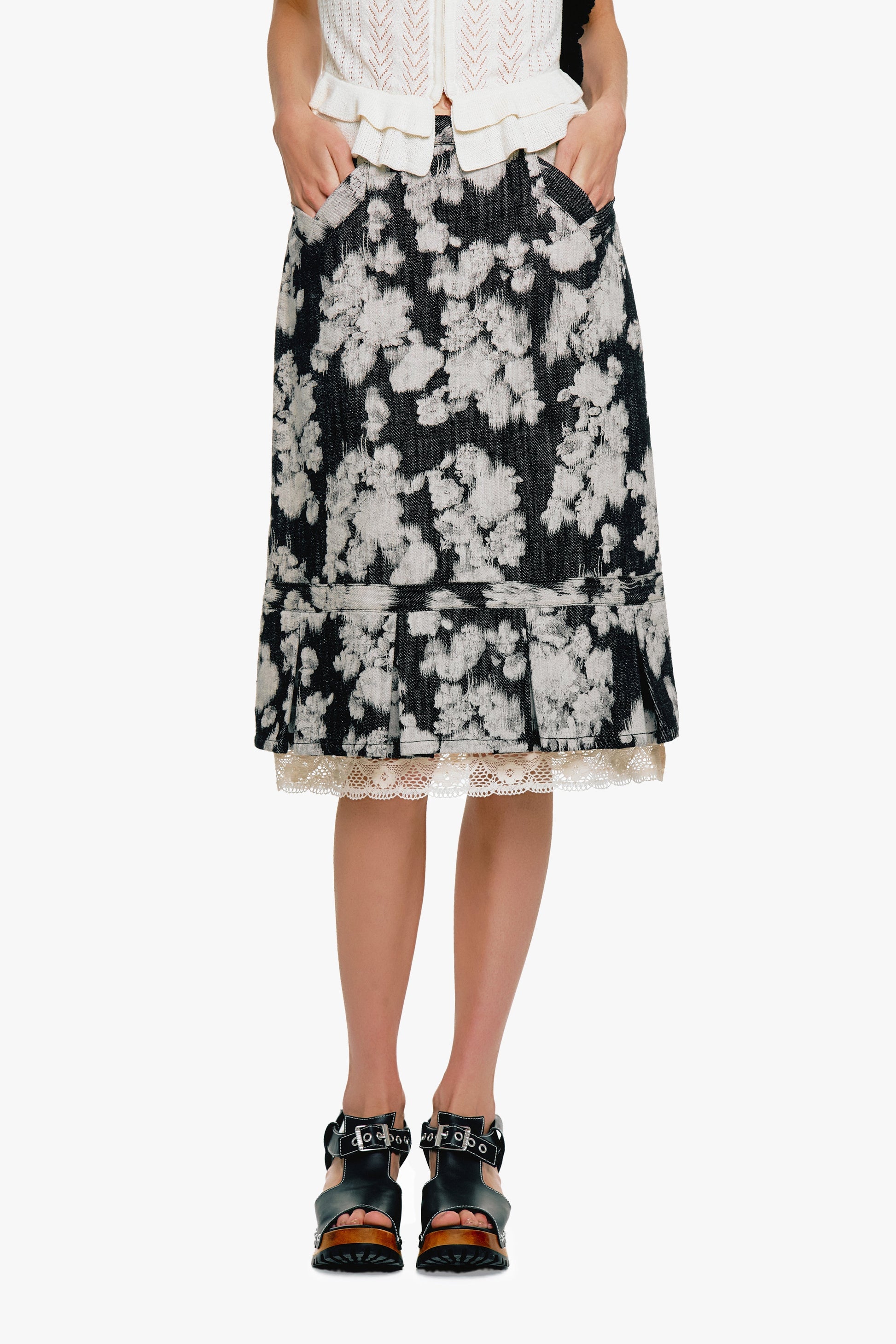 Anna Sui Rose Illusion Denim Lace Trimmed Skirt