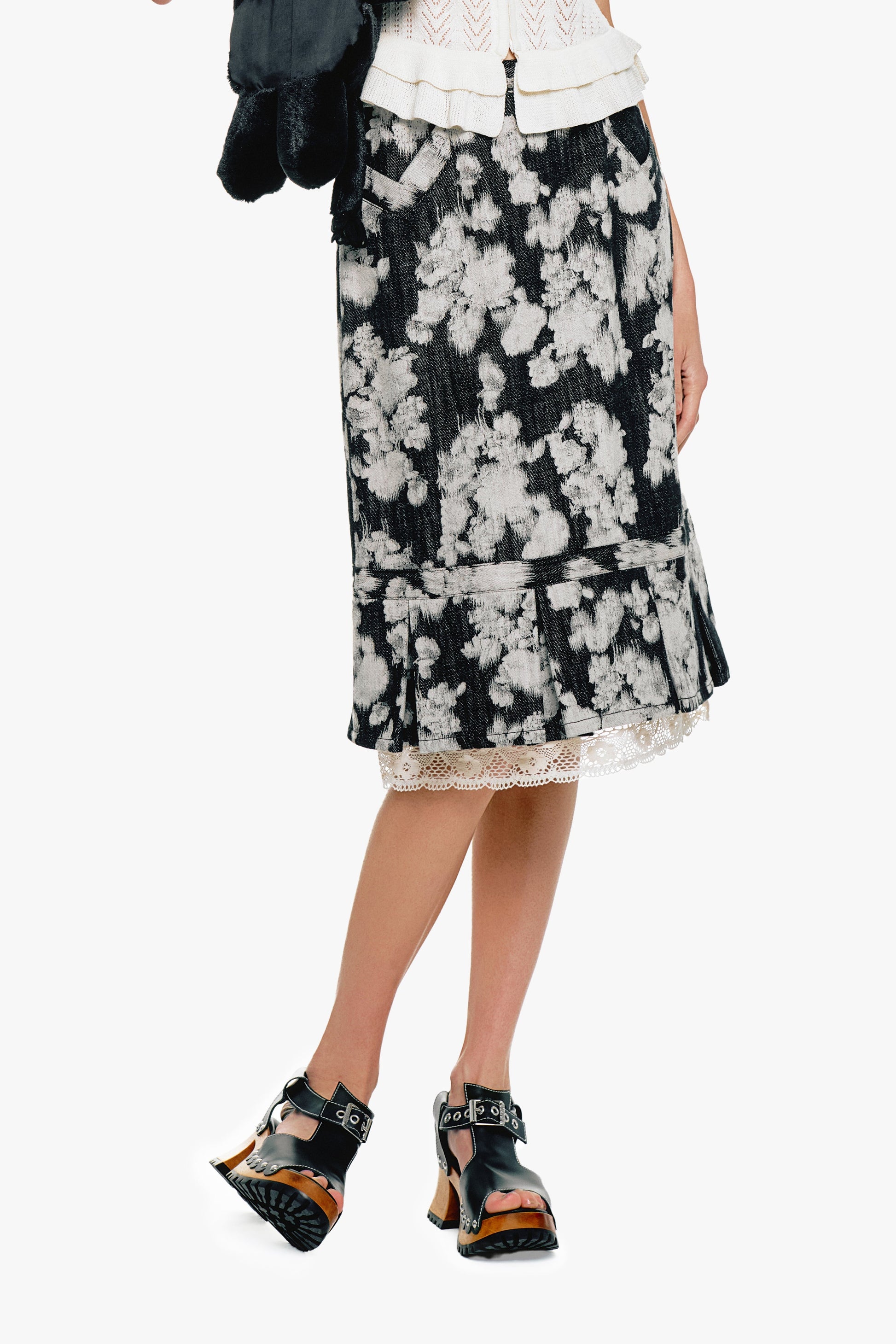 Anna Sui Rose Illusion Denim Lace Trimmed Skirt