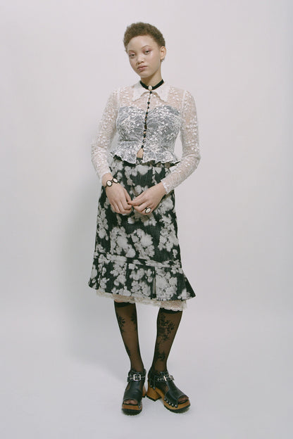 Anna Sui Rose Illusion Denim Lace Trimmed Skirt