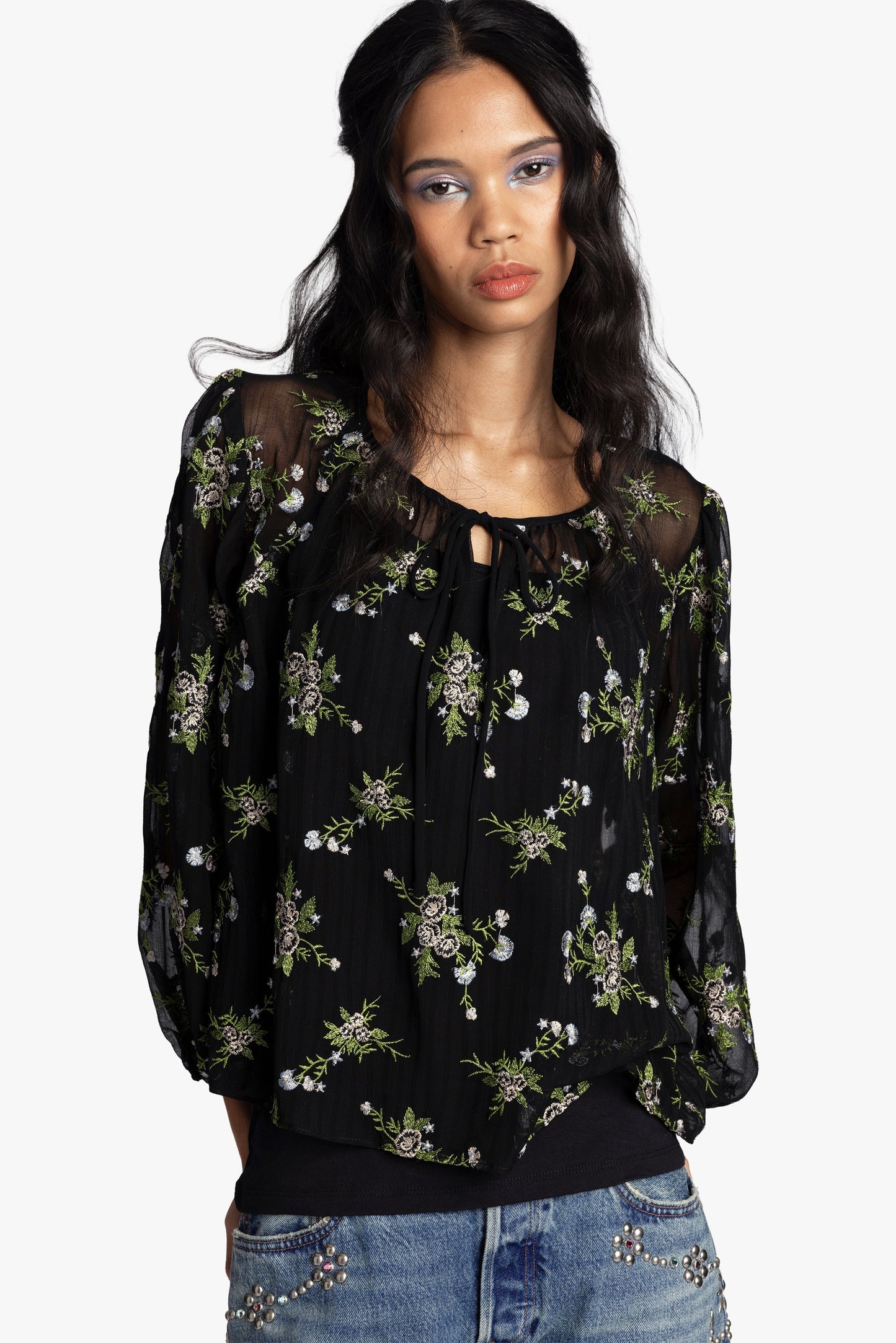 Anna Sui Bluebell Embroidered Chiffon Blouse
