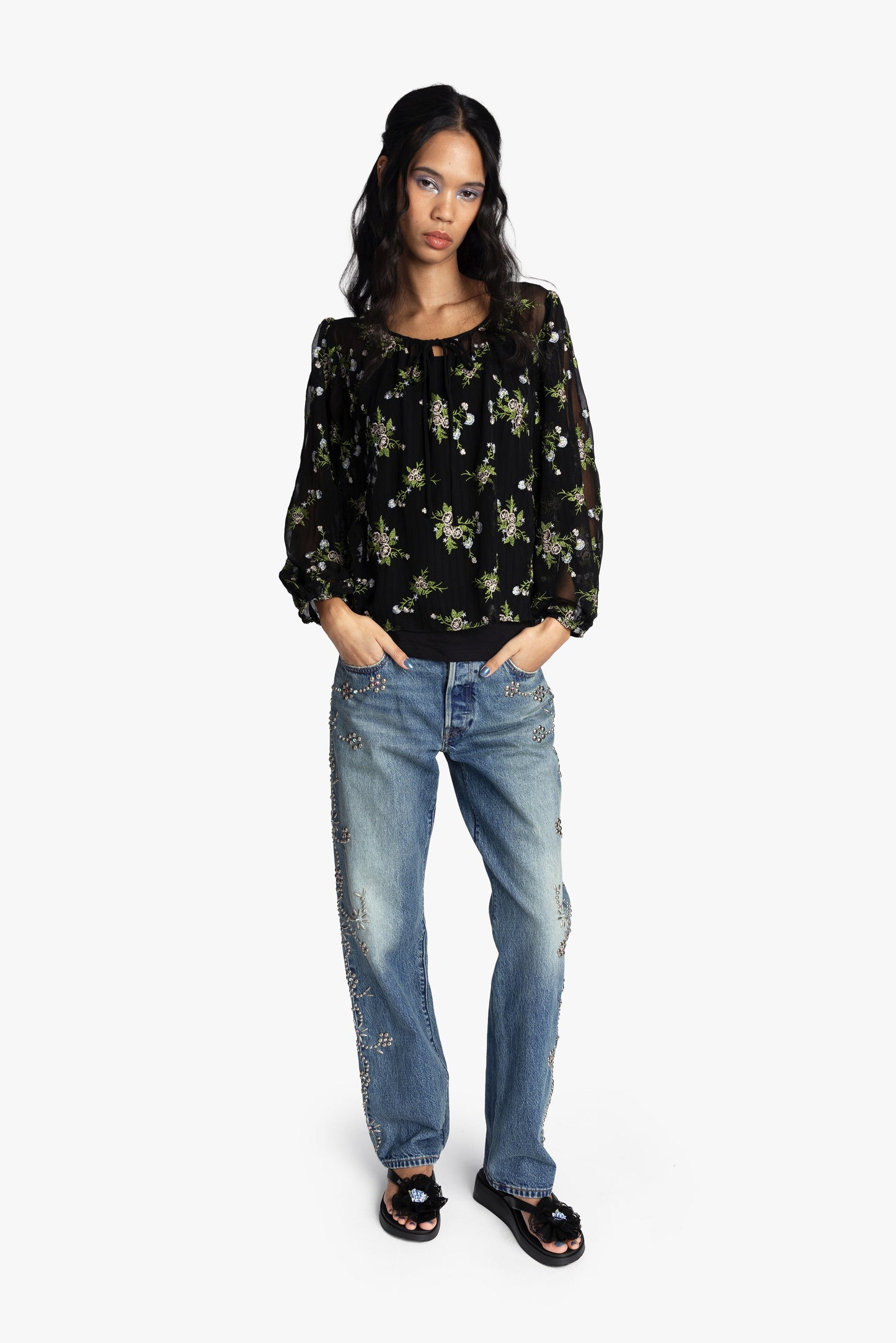 Anna Sui Bluebell Embroidered Chiffon Blouse