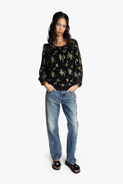 Anna Sui Bluebell Embroidered Chiffon Blouse