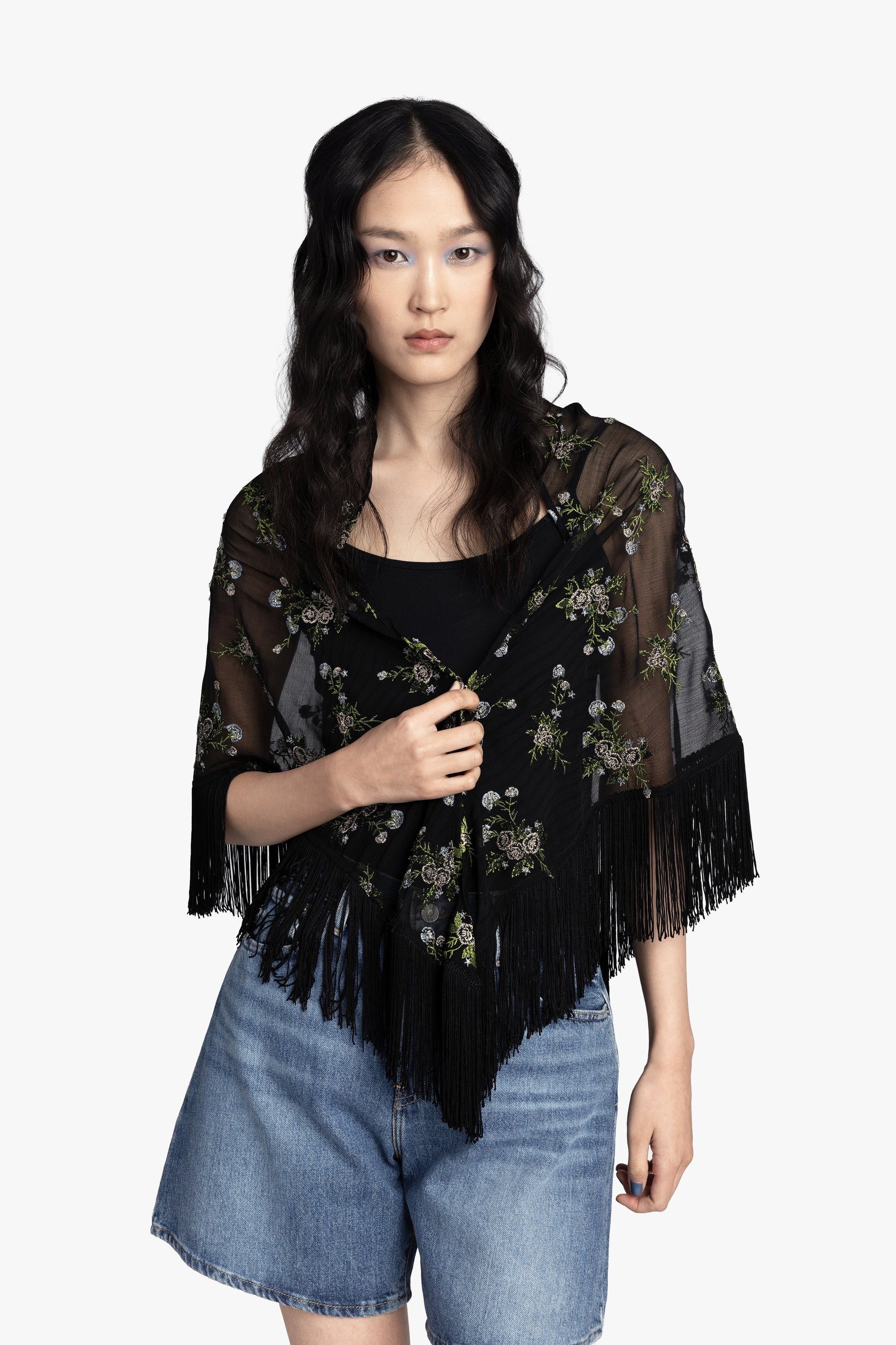 Anna Sui Bluebell Embroidered Chiffon Fringe Shawl