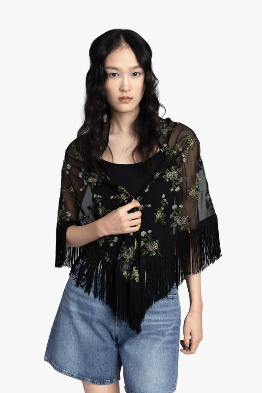 Anna Sui Bluebell Embroidered Chiffon Fringe Shawl