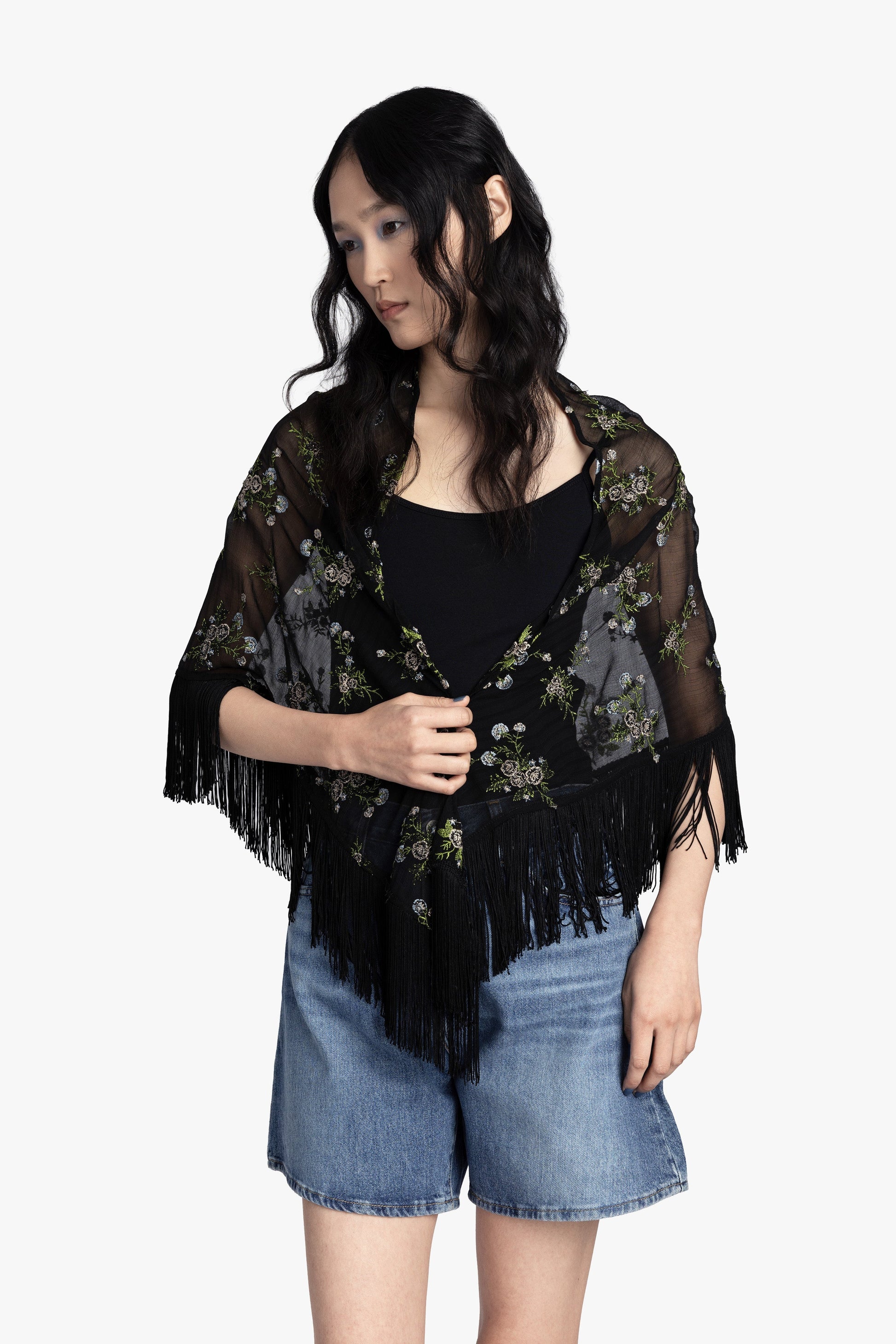 Anna Sui Bluebell Embroidered Chiffon Fringe Shawl