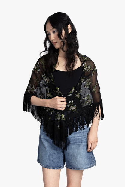 Anna Sui Bluebell Embroidered Chiffon Fringe Shawl