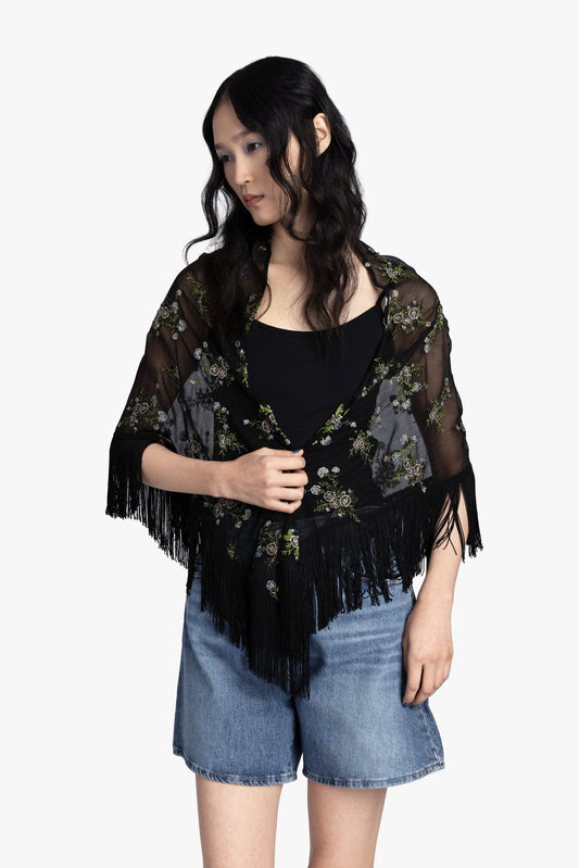 Anna Sui Bluebell Embroidered Chiffon Fringe Shawl