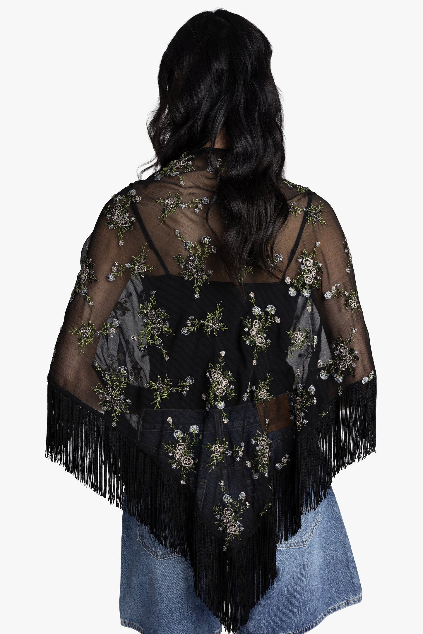 Anna Sui Bluebell Embroidered Chiffon Fringe Shawl