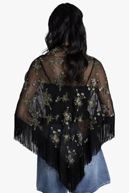 Anna Sui Bluebell Embroidered Chiffon Fringe Shawl