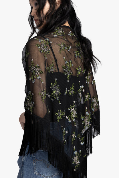 Anna Sui Bluebell Embroidered Chiffon Fringe Shawl