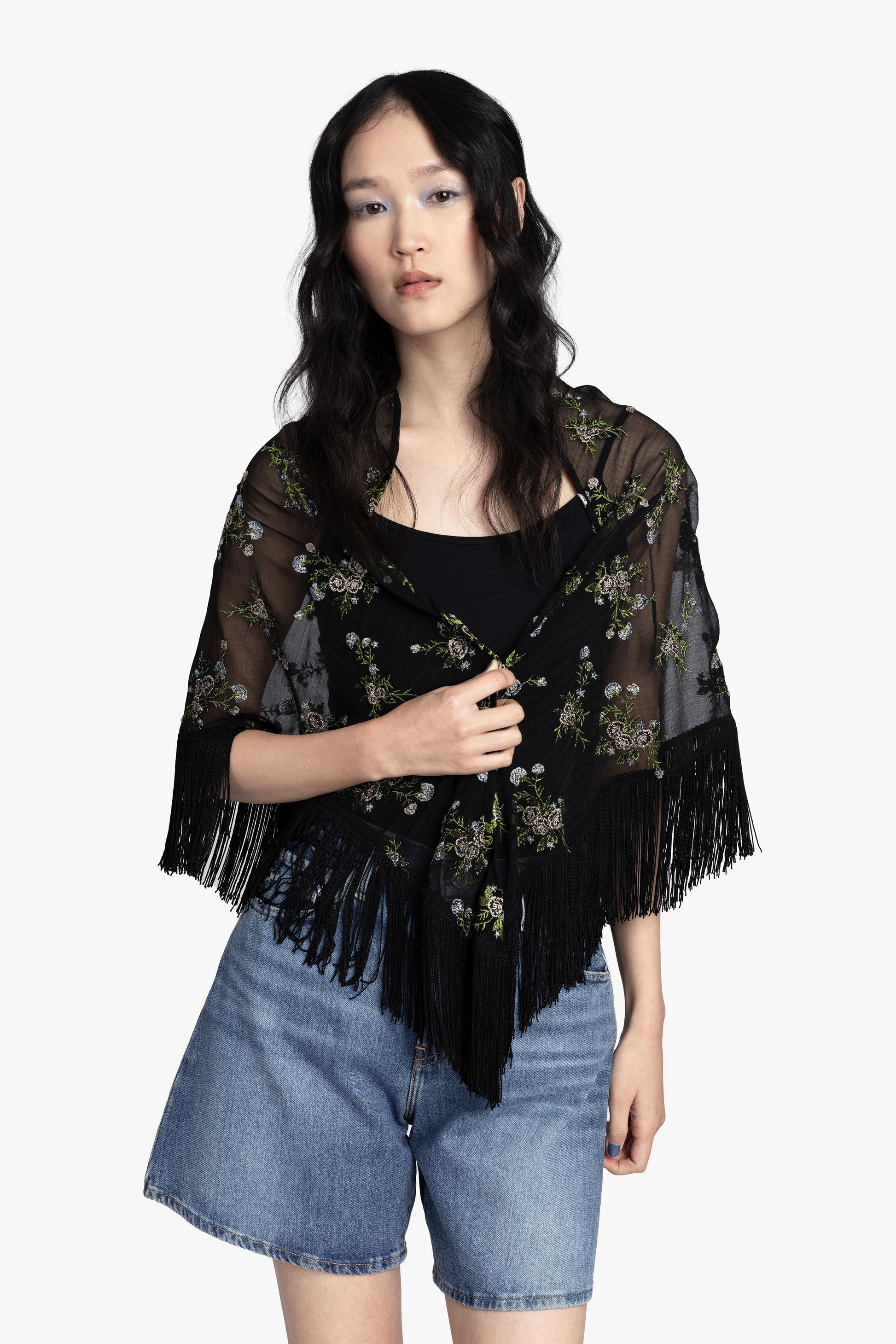 Anna Sui Bluebell Embroidered Chiffon Fringe Shawl