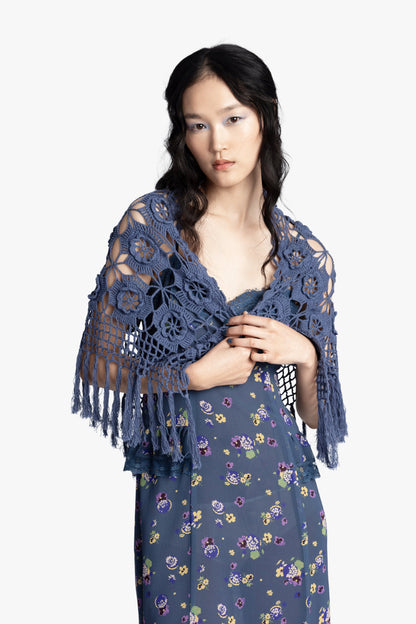 Anna Sui Linen Crochet Shawl- Denim