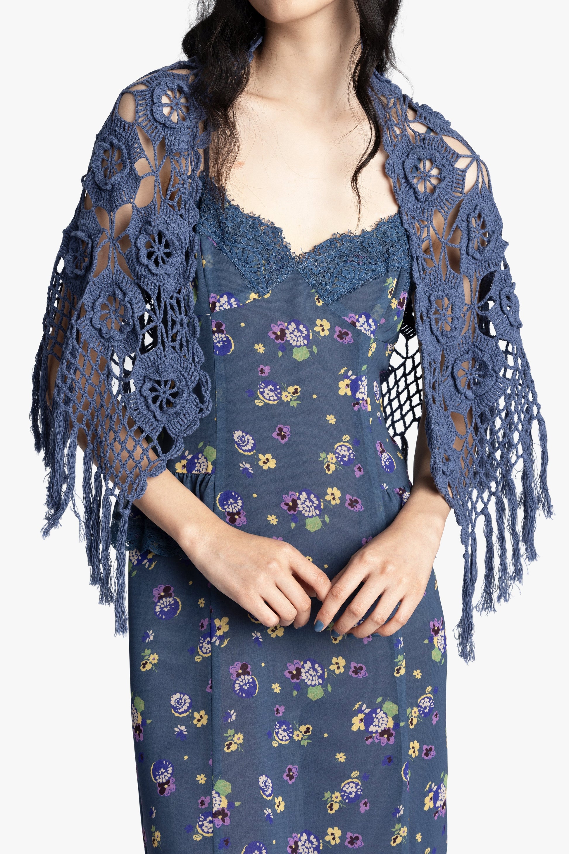 Anna Sui Linen Crochet Shawl- Denim