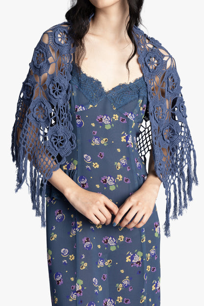 Anna Sui Linen Crochet Shawl- Denim