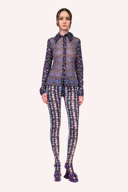 Anna Sui Floral Stripe Tights Turquoise Multi