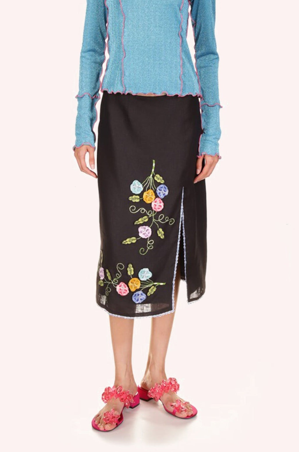 Anna Sui 3-D Pansy Embroidered on Linen Skirt