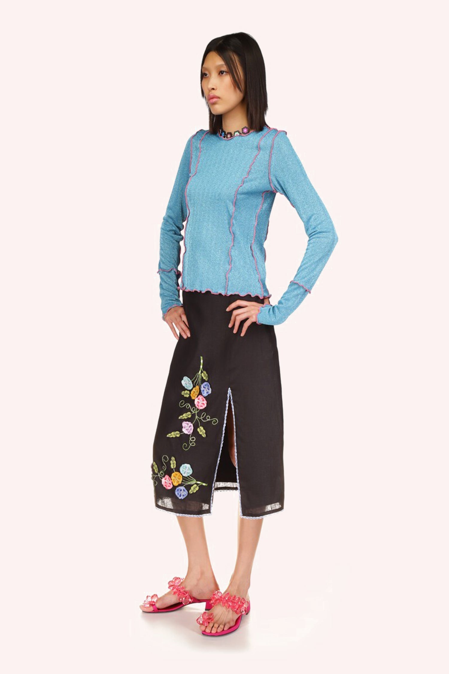 Anna Sui 3-D Pansy Embroidered on Linen Skirt