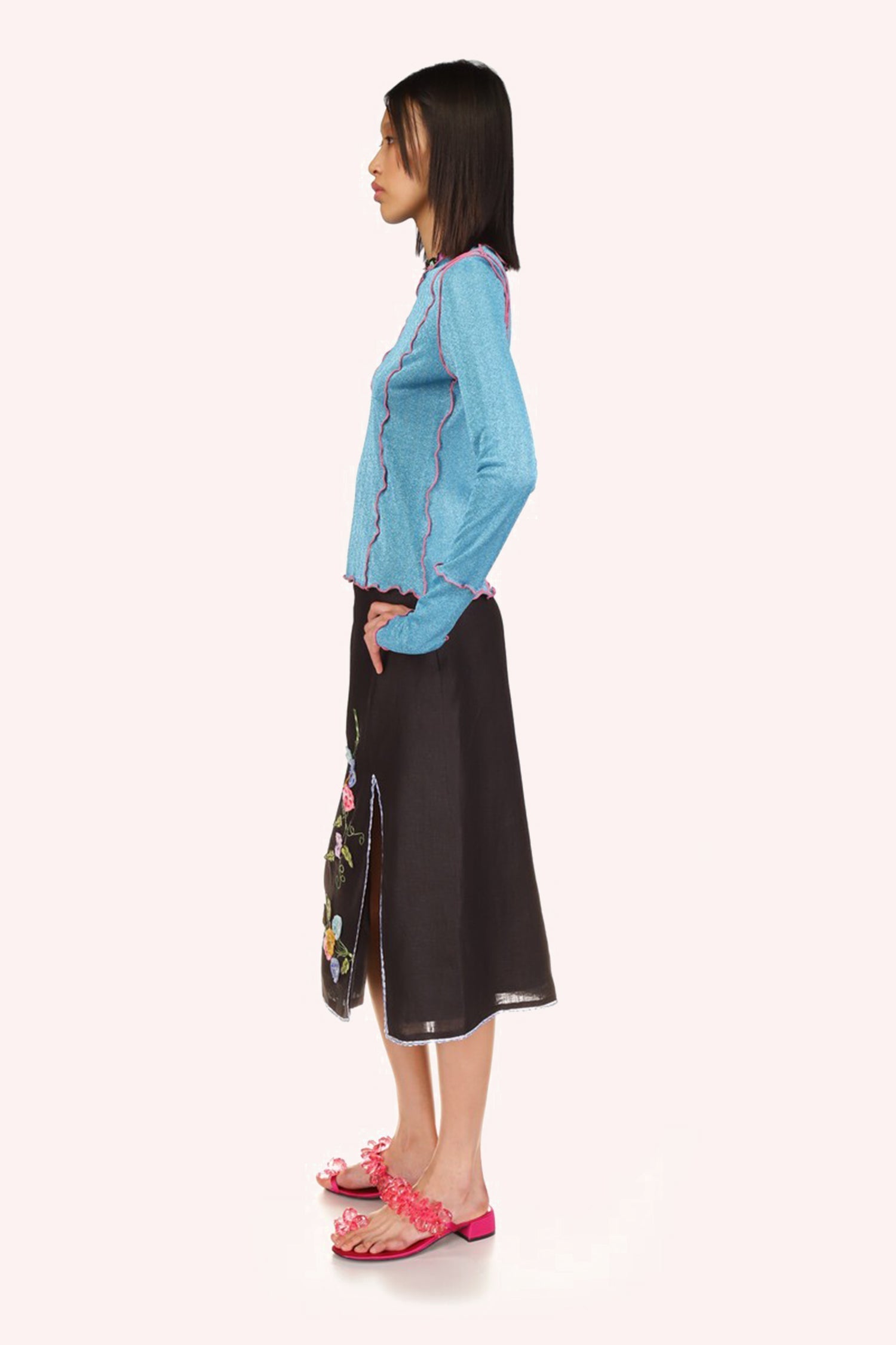 Anna Sui 3-D Pansy Embroidered on Linen Skirt