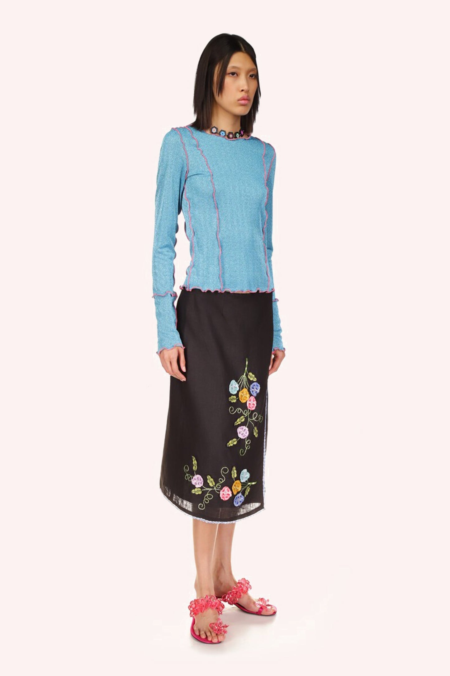 Anna Sui 3-D Pansy Embroidered on Linen Skirt