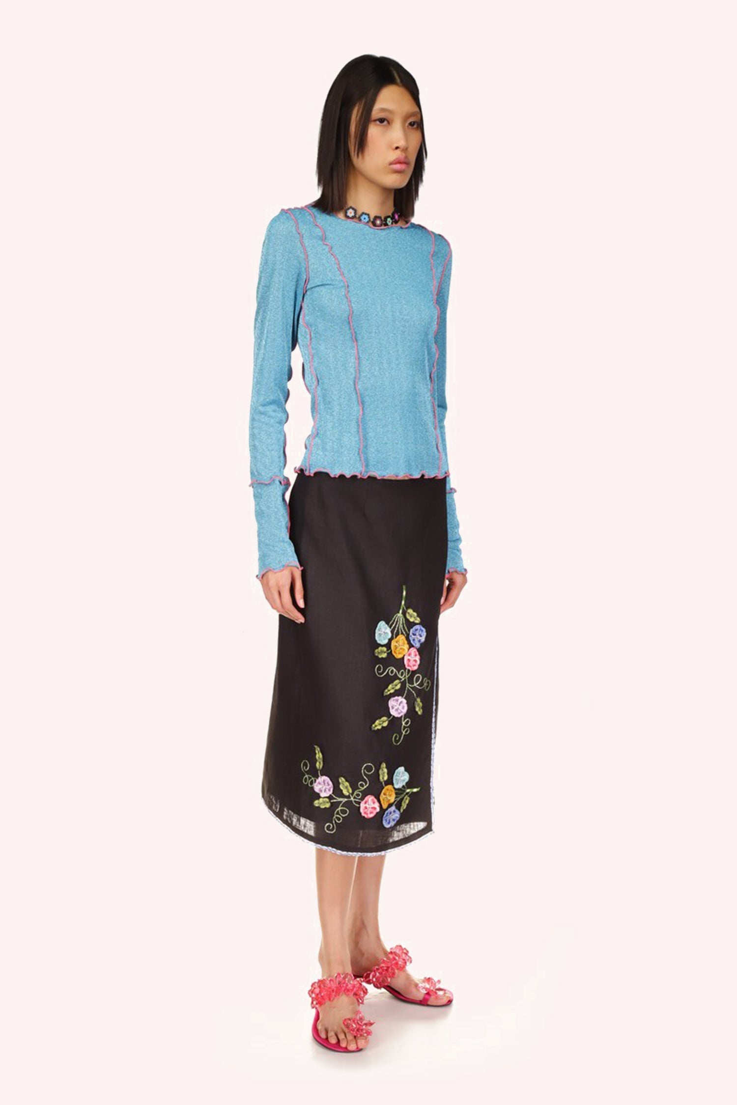 Anna Sui 3-D Pansy Embroidered on Linen Skirt