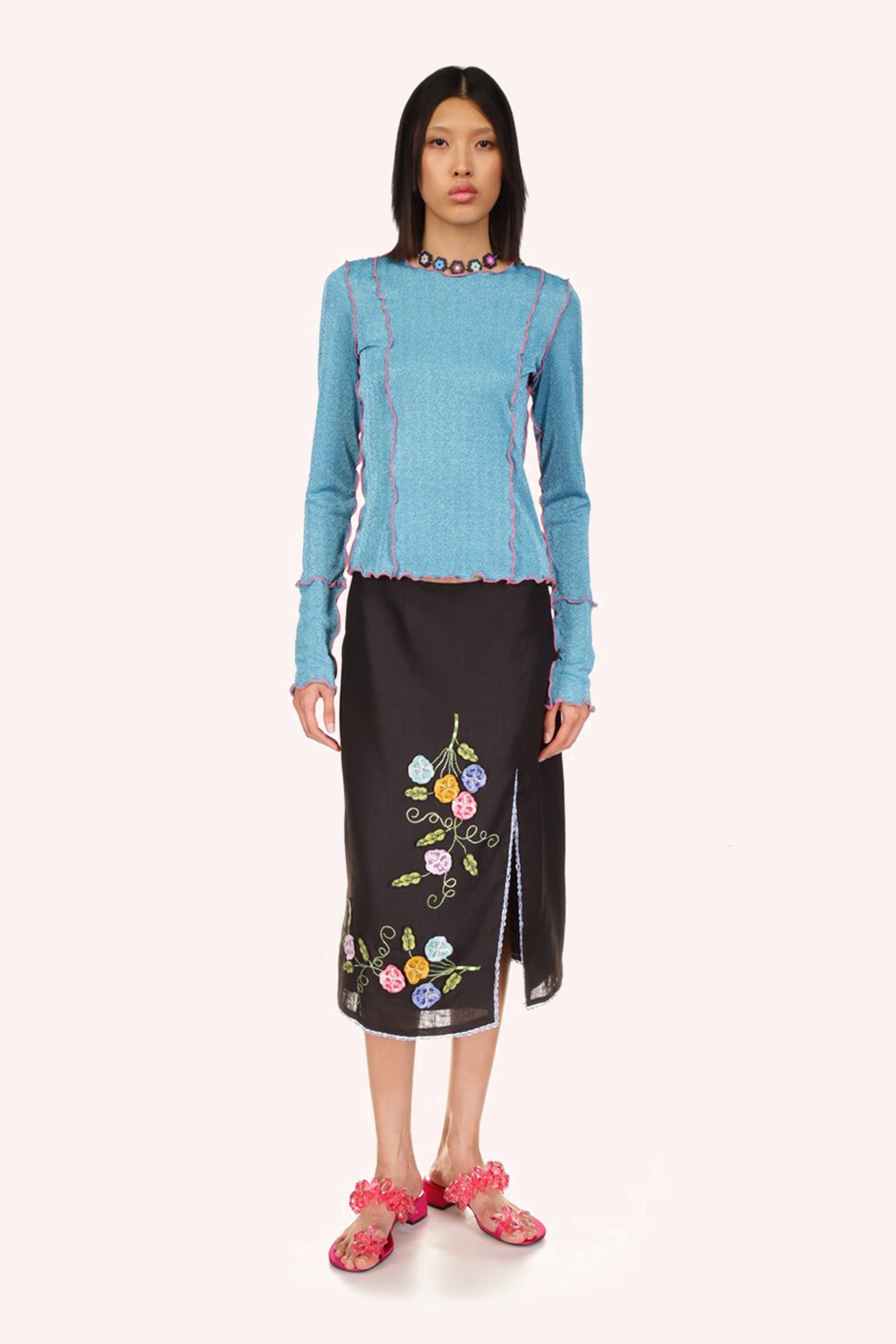 Anna Sui 3-D Pansy Embroidered on Linen Skirt