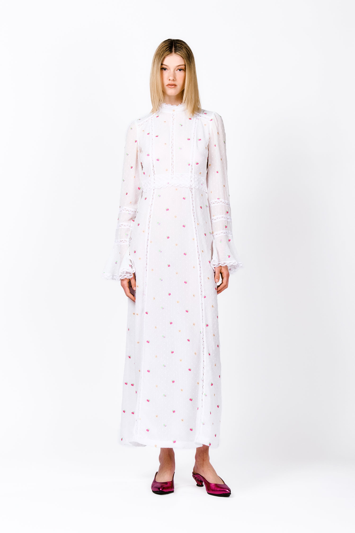 Anna Sui Cluny Lace Trimmed Floral Swiss Dot Maxi Dress