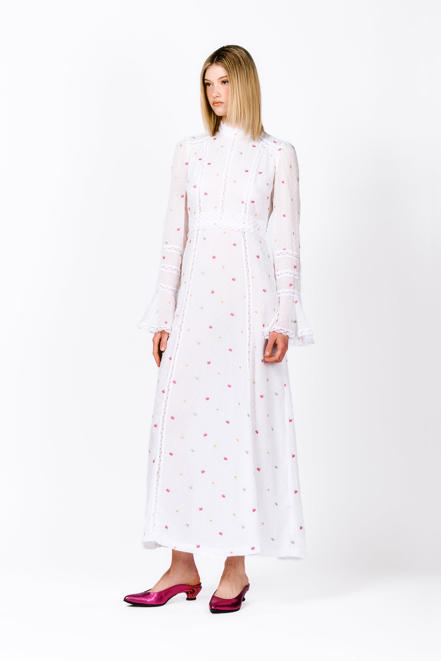 Anna Sui Cluny Lace Trimmed Floral Swiss Dot Maxi Dress