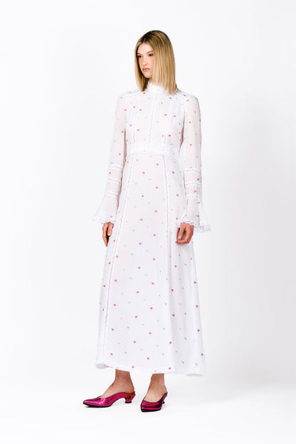Anna Sui Cluny Lace Trimmed Floral Swiss Dot Maxi Dress