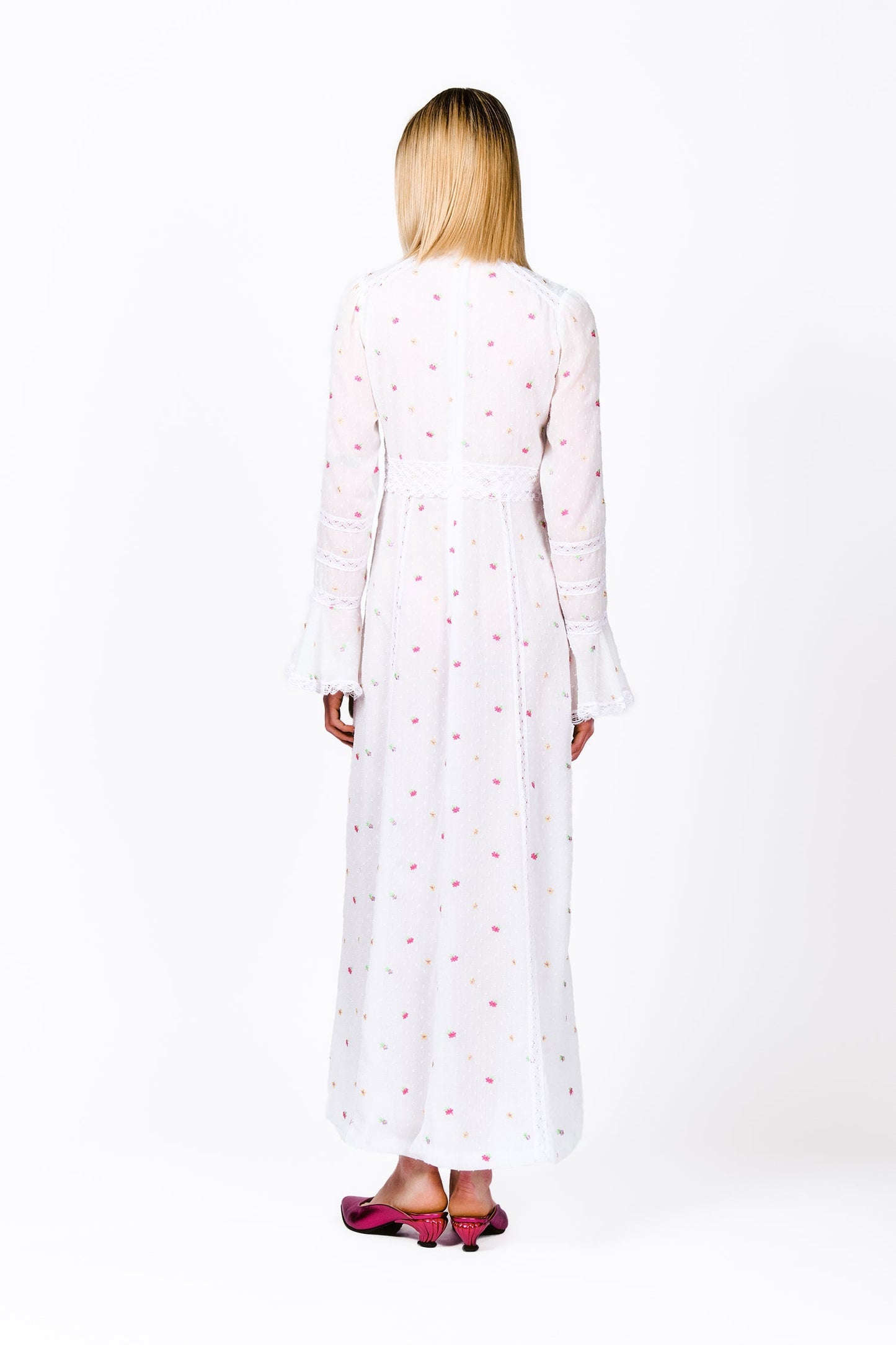 Anna Sui Cluny Lace Trimmed Floral Swiss Dot Maxi Dress