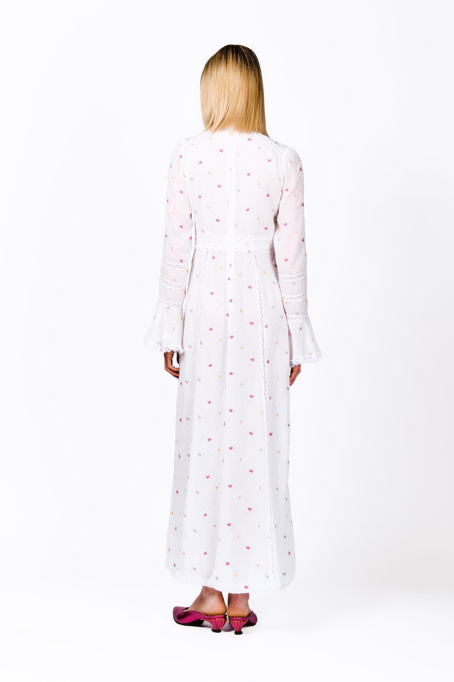 Anna Sui Cluny Lace Trimmed Floral Swiss Dot Maxi Dress