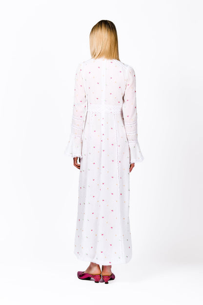 Anna Sui Cluny Lace Trimmed Floral Swiss Dot Maxi Dress