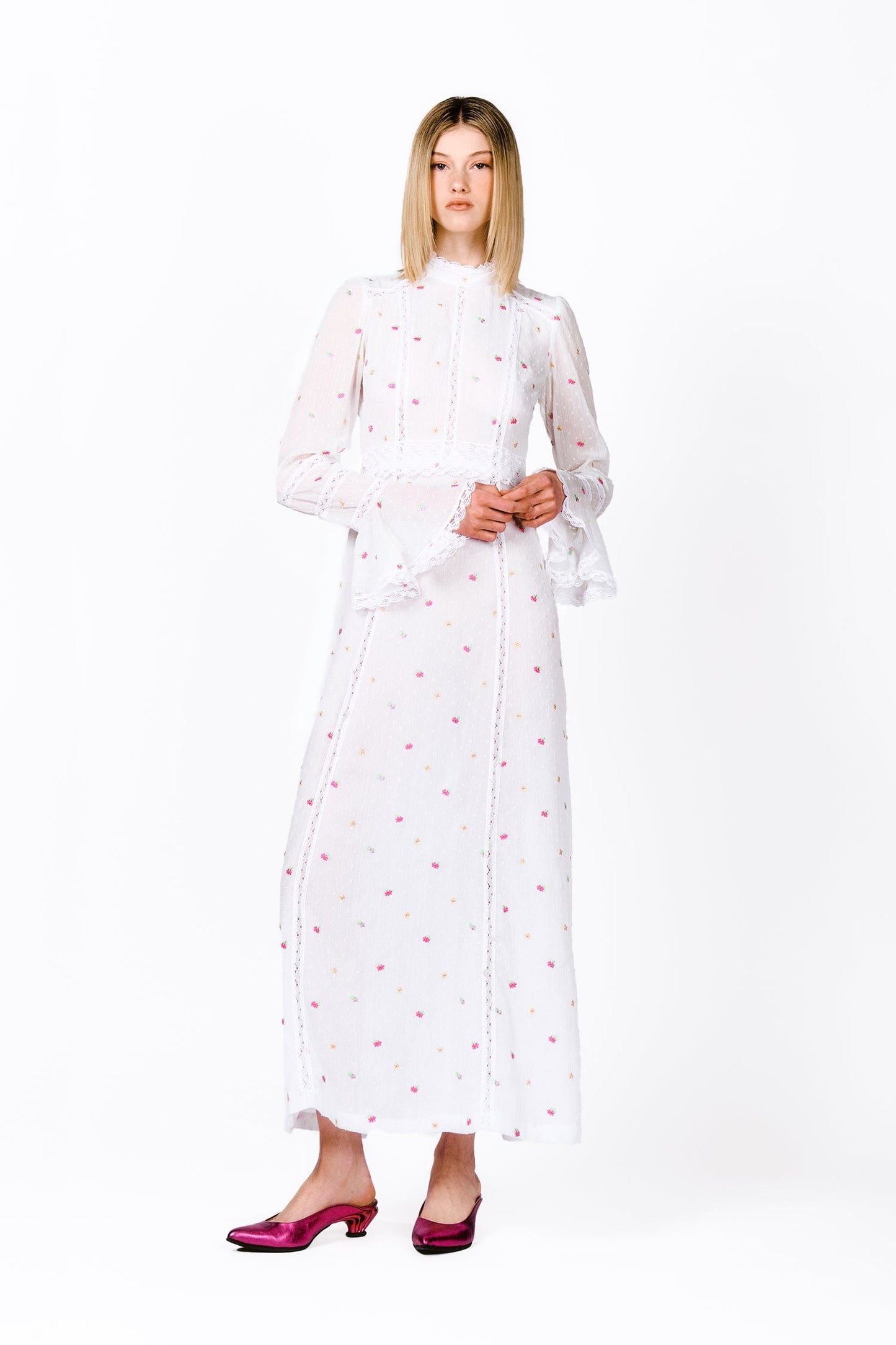 Anna Sui Cluny Lace Trimmed Floral Swiss Dot Maxi Dress