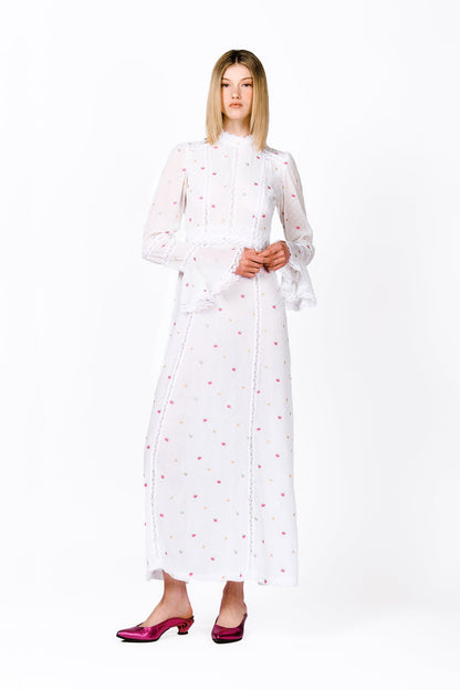 Anna Sui Cluny Lace Trimmed Floral Swiss Dot Maxi Dress