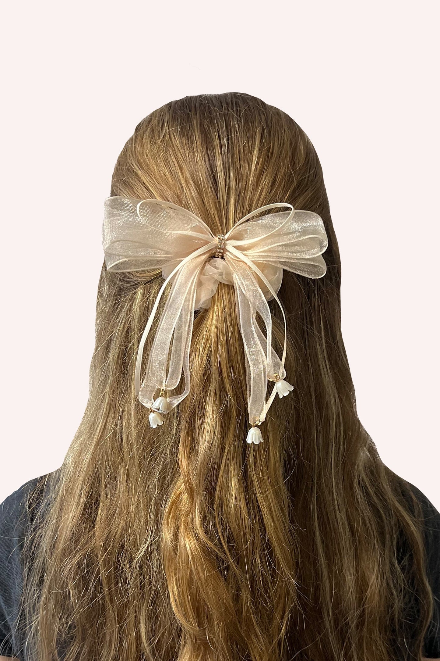 Anna Sui Nude Mesh Bow Flower Embellished Scrunchie
